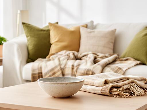 Lichte woonkamer met kussens, plaid en decoratieve schaal op een salontafel