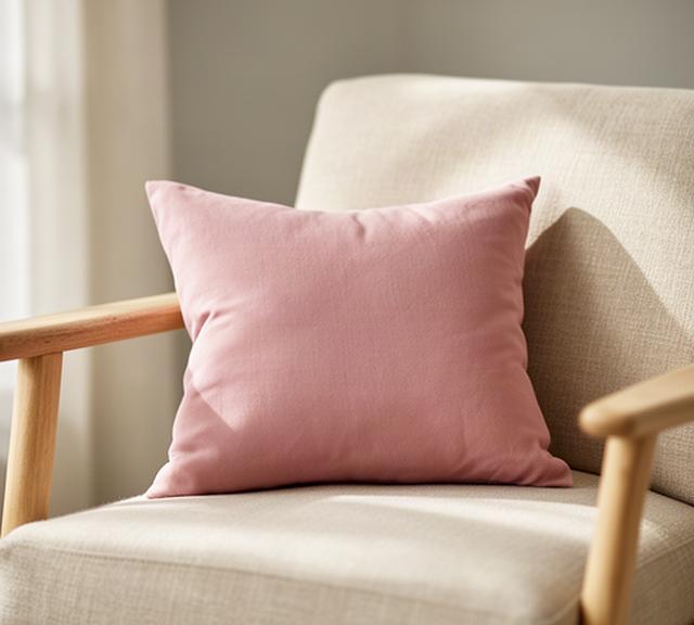 Klein katoenen sierkussen in zachtroze op een naturel fauteuil
