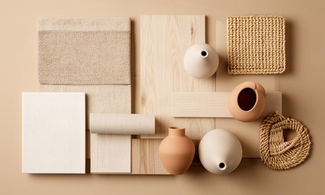 Moodboard met zandkleurig textiel, hout, keramiek en warme neutrale tinten