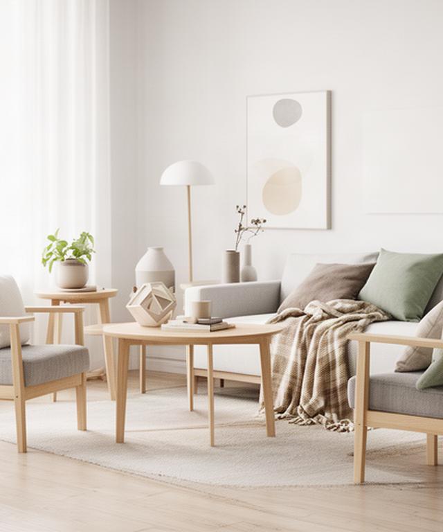 Scandinavische woonkamer met lichte houtsoorten, wollen plaid en eenvoudige accessoires